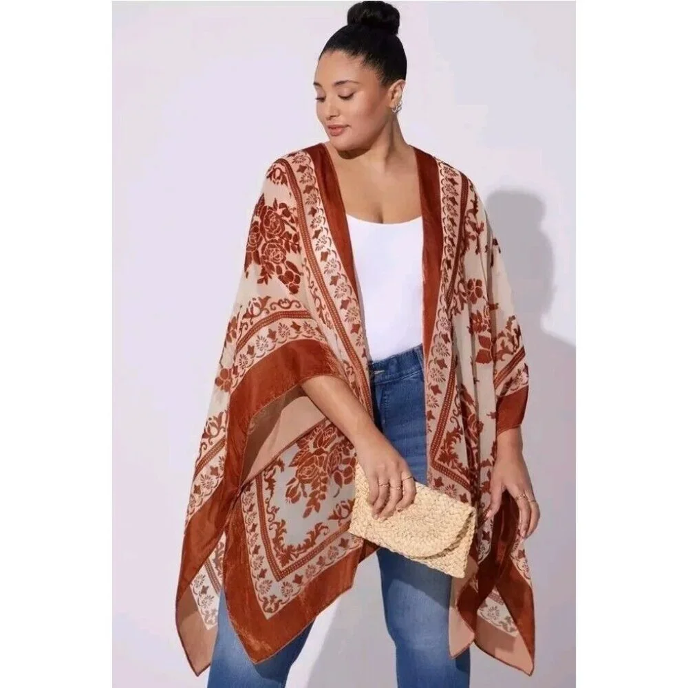 Torrid Womens One Size Multicolor Floral Velvet Burnout Ruana Open Kimono Boho - Picture 2 of 7